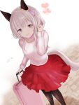  1girl animal_ears black_pantyhose blush bow breasts curren_chan_(umamusume) ear_covers grey_hair hair_between_eyes heart highres holding holding_suitcase horse_ears horse_girl horse_tail jewelry long_sleeves looking_at_viewer medium_breasts open_mouth pantyhose purple_eyes red_skirt ring rolling_suitcase shirt short_hair skirt smile solo suitcase sweater tail umamusume white_sweater wnaph 