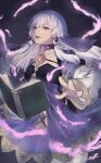  1girl absurdres book commentary_request dress fire_emblem fire_emblem:_three_houses floating floating_book floating_hair floating_object highres long_hair long_sleeves looking_at_viewer lysithea_von_ordelia lysithea_von_ordelia_(timeskip) magic miko0411 open_book open_mouth pantyhose pink_eyes solo veil white_hair white_pantyhose 