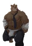  abs absurd_res anthro belt black_bottomwear black_clothing black_pants blush bodily_fluids bottomwear brown_body brown_eyes brown_fur bulge claws clenched_teeth clothed clothing condom condom_in_mouth fur genital_fluids grey_clothing grey_underwear hi_res male mammal mouth_hold muscular muscular_anthro muscular_male necktie nipples on_one_leg pants partially_clothed pecs precum precum_through_clothing precum_through_underwear sexual_barrier_device shirt simple_background solo standing sweat teeth toe_claws topwear underwear undressing ursid warr wet wet_clothing white_background white_clothing white_shirt white_topwear wrapped_condom 