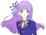  1girl aikatsu! aikatsu!_(series) bangs blue_jacket blue_ribbon blunt_bangs blunt_ends blush collared_shirt hair_ribbon hikami_sumire jacket light_smile long_hair looking_at_viewer neck_ribbon open_mouth parted_lips purple_eyes purple_hair red_neckwear ribbon sbs school_uniform shirt simple_background sketch solo star_(symbol) starlight_academy_uniform upper_body white_background white_shirt 