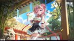  1girl absurdres ahoge architecture bamboo bamboo_halo bamboo_leaf black_dress blue_sky braid ceiling chinese_commentary chiz_(neverness_to_everness) cloud commentary_request double_bun dress east_asian_architecture eyewear_on_head falling_leaves flower frilled_dress frilled_wrist_cuffs frills garden grass hair_bun hand_fan high_heels highres holding holding_fan lantern leaf leggings looking_at_viewer name_tag neverness_to_everness official_art official_wallpaper paper_lantern pink_eyes pink_hair red_rope rope rope_around_waist rope_braid short_hair shorts shorts_under_skirt sky solo standing standing_on_one_leg sunglasses thighhighs tree twin_braids two-tone_dress white_dress white_flower white_thighhighs wooden_ceiling wrist_cuffs 