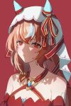  1girl absurdres akared animal_ears bare_shoulders blush breasts brown_hair collarbone commentary_request detached_sleeves dress ear_covers ear_ribbon hair_between_eyes highres horse_ears horse_girl long_hair looking_at_viewer parted_lips red_background red_eyes ribbon simple_background small_breasts solo still_in_love_(scarlet_vow_raiment)_(umamusume) still_in_love_(umamusume) umamusume upper_body veil white_veil 