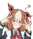  132109chisato 1girl absurdres animal_ears belno_light_(umamusume) brown_eyes brown_hair closed_mouth commentary_request ear_ribbon hair_ornament heart highres horse_ears horse_girl kasamatsu_tracen_school_uniform multicolored_hair red_ribbon ribbon school_uniform short_hair simple_background solo two-tone_hair umamusume umamusume:_cinderella_gray upper_body white_background white_hair 