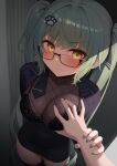  1girl 1other absurdly_long_hair absurdres aqua_eyes black_bra black_skirt black_vest blush bra breasts commentary glasses goddess_of_victory:_nikke grabbing_another's_breast groping guided_breast_grab guiding_hand highres large_breasts long_hair looking_at_viewer official_alternate_costume pencil_skirt privaty_(nikke) privaty_(sharp_lesson)_(nikke) skirt smallqin thighs twintails underwear very_long_hair vest yellow_eyes 
