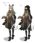  1girl animal_ears armor belt black_legwear boots dagger earrings fingerless_gloves full_body gloves green_eyes green_hair highres holding holding_dagger holding_weapon hood jewelry jun_(seojh1029) long_hair looking_at_viewer mask mouse_ears mouse_girl mouse_tail multiple_views original pouch scarf skirt tail tail_ornament translation_request weapon 