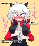  1girl alcohol black_horns black_vest bottle breasts commentary demon demon_girl demon_horns english_commentary english_text hair_between_eyes helltaker holding holding_bottle horns malina_(helltaker) medium_breasts medium_hair nuka_cola06 red_shirt shirt solo sound_effects squiggle squiggle_eyes upper_body vest vodka waistcoat white_hair yellow_background 