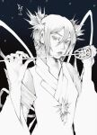  1girl back_ribbon bankai bleach bleach:_sennen_kessen-hen detached_sleeves dress hair_ornament hakka_no_togame_(bankai) high_collar highres holding holding_sword holding_weapon ice kuchiki_rukia looking_at_viewer monochrome official_alternate_eye_color official_alternate_hair_color parted_lips short_hair sleeveless sleeveless_dress snowflakes solo sword upper_body vinsent weapon white_eyes 