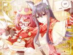  2girls :d ^_^ animal_ear_fluff animal_ears arknights arm_around_shoulder artist_name battery_indicator bespectacled black_eyes black_gloves cable_knit cake cake_slice camera character_name chinese_commentary closed_eyes commentary_request cream digital_camera emoji exusiai_(arknights) fingerless_gloves food food_in_mouth fork glasses gloves grin hair_between_eyes hair_ornament hairclip happy_birthday hat heads_together highres holding holding_camera holding_fork holding_plate light_particles long_sleeves looking_at_another multiple_girls multiple_hair_clips party_hat pink_hair plaid_clothes plaid_scarf plate recording rectangular_eyewear red-framed_eyewear red_hat red_scarf scarf selfie shadow71580825 shared_clothes shared_scarf short_hair smile star_(symbol) sweater taking_picture texas_(arknights) upper_body viewfinder w watermark white_sweater wolf_ears wolf_girl x_hair_ornament yellow_eyes yellow_hat 