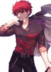  1boy absurdres bangs belt belt_buckle buckle dress_shirt ear_piercing earrings emiya_shirou fate/grand_order fate_(series) floral_print flower highres holding holding_clothes jewelry looking_at_viewer male_focus nakanishi_tatsuya piercing red_eyes red_hair sengo_muramasa_(fate) shirt simple_background sleeves_rolled_up solo spider_lily upper_body white_background 