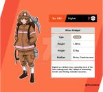  1girl backpack bag brown_eyes brown_hair cargo_pants character_name character_profile closed_mouth deviantart_logo deviantart_username diglett english_text expressionless full_body hands_in_pocket hard_hat headlamp height helmet highres looking_at_viewer miner mining_helmet orange_background pants personification pickaxe pokedex_number pokemon rope socks taruyamame venus_symbol watermark weight white_socks 
