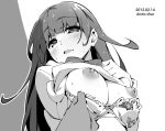  1girl :d artist_name blush bow bowtie bra bra_pull breasts dated eyebrows_visible_through_hair greyscale large_breasts long_hair looking_at_viewer monochrome nipples open_mouth original pulled_by_another school_uniform smile solo_focus sweat tabata_hisayuki underwear upper_body 
