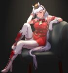  1girl animal_ears armband armpits bare_shoulders blunt_bangs blush boots bow bowtie breasts brown_hat couch dress ear_bow ear_ribbon garugarubesu gloves gold_ship_(red_strife)_(umamusume) gold_ship_(umamusume) grey_hair grin hat horse_ears horse_girl horse_tail long_hair looking_at_viewer on_couch open_mouth pantyhose pillbox_hat purple_eyes red_bow red_dress sitting sleeveless sleeveless_dress smile solo striped_armband striped_clothes tail teeth thigh_strap umamusume white_boots white_gloves white_pantyhose 