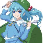  1girl backpack bag bangs blue_eyes blue_hair blue_jacket blue_skirt breasts commentary_request elbow_gloves eyebrows_visible_through_hair flat_chest gloves green_bag green_headwear grin hair_bobbles hair_ornament hat holding holding_wrench jacket kawashiro_nitori key long_sleeves looking_at_viewer medium_hair parted_lips simple_background skirt skirt_set small_breasts smile solo sugiyama_ichirou teeth touhou twintails two_side_up white_background wrench 