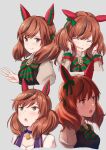  1girl animal_ears black_dress blush bow bowtie brown_eyes brown_hair closed_eyes diagonal-striped_bow dress ear_bow ear_covers ear_ribbon garugarubesu green_bow green_bowtie grin highres horse_ears horse_girl jacket juliet_sleeves long_sleeves medium_hair middle_w multicolored_hair multiple_views nice_nature_(poinsettia_ribbon)_(umamusume) nice_nature_(umamusume) open_mouth pendant_choker pinafore_dress puffy_sleeves shirt simple_background sleeveless sleeveless_dress smile starting_future_(umamusume) streaked_hair striped_bow striped_bowtie striped_clothes teeth twintails umamusume w white_jacket 