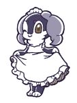  1girl alternate_costume apron blue_fur body_fur brown_eyes closed_mouth clothed_pokemon commentary_request curtsey enmaided flat_chest full_body furry gen_8_pokemon hands_up happy horns indeedee legs_together looking_at_viewer maid maid_apron maid_headdress muguet no_humans one_eye_closed paws pokemon pokemon_(creature) simple_background smile solo standing white_background white_fur 