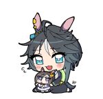  2girls :< ahoge air_groove_(umamusume) animal_ears behind_another black_hair black_jacket black_necktie black_pants blue_eyes blush bow bright_pupils chibi chibi_only closed_mouth collared_shirt crossed_arms ear_bow ear_ornament earclip flying_sweatdrops fuji_kiseki_(shooting_star_revue)_(umamusume) fuji_kiseki_(umamusume) full_body furrowed_brow grey_background grey_hair grey_shirt hair_between_eyes horse_ears horse_girl horse_tail jacket jewelry long_sleeves mini_person minigirl multicolored_hair multiple_girls necktie open_clothes open_jacket open_mouth pants purple_eyes school_uniform shirt short_hair short_sleeves simple_background sitting size_difference skirt smile standing tail tracen_school_uniform two-tone_hair umamusume v-shaped_eyebrows white_background white_pupils yellow_bow zhu_(nitamagr) 