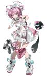  1girl absurdres ahoge bandaged_fingers bandaged_hand bandages bandaid bandaid_on_leg bandaid_on_thigh black_halo chiz_(neverness_to_everness) dress full_body garden halo hammer highres looking_at_viewer multicolored_halo naiping_kele neverness_to_everness nurse_dress pink_eyes pink_hair short_hair simple_background sledgehammer solo two-tone_halo white_background white_dress white_halo 