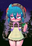  1girl animal_ears aqua_hair blush bow bowtie chocolate eyebrows_visible_through_hair gabyo_nuno highres hood hoodie kemono_friends long_sleeves looking_away neck_ribbon night night_sky ribbon short_hair sky snake_tail solo star_(sky) starry_sky striped striped_hoodie striped_tail tail tsuchinoko_(kemono_friends) 