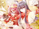  2girls ^^^ animal_ear_fluff animal_ears arknights arm_around_shoulder artist_name battery_indicator bespectacled black_eyes black_gloves cable_knit cake cake_slice camera character_name chinese_commentary commentary_request cream digital_camera emoji exusiai_(arknights) fingerless_gloves food food_in_mouth fork glasses gloves hair_between_eyes hair_ornament hairclip happy_birthday hat heads_together highres holding holding_camera holding_fork holding_plate light_particles long_sleeves multiple_girls multiple_hair_clips party_hat pink_hair plaid_clothes plaid_scarf plate recording rectangular_eyewear red-framed_eyewear red_eyes red_hat red_scarf scarf selfie shadow71580825 shared_clothes shared_scarf short_hair star_(symbol) sweater taking_picture texas_(arknights) upper_body viewfinder watermark white_sweater wolf_ears wolf_girl x_hair_ornament yellow_eyes yellow_hat 