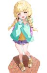  1girl absurdres bare_legs black_ribbon blonde_hair blue_skirt blush braid brick_road chanpower233 commentary_request fang fujita_kotone full_body gakuen_idolmaster hair_ribbon highres idolmaster jacket long_hair long_sleeves looking_at_viewer miniskirt multicolored_jacket orange_shoes plaid_clothes plaid_skirt pleated_skirt ribbon shirt shoes skin_fang skirt smile sneakers socks solo twin_braids white_socks yellow_eyes yellow_shirt 