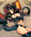  1girl black_hair commentary cowboy_shot day dragon_girl english_commentary hair_between_eyes highlights highres kill_la_kill living_clothes looking_at_viewer lying matoi_ryuuko multicolored_hair navel on_side optionaltypo outdoors pasties red_hair shrug_(clothing) solo tail thighhighs 