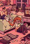  2girls abby_(memedokies) ash_ketchum bedroom binder controller crt dedenne espurr game_console game_controller gamecube handheld_game_console highres indoors jigglypuff jolteon lying mew_(pokemon) multiple_girls night nintendo_ds on_back on_bed original pikachu poke_ball pokemon pokemon_(anime) pokemon_(classic_anime) sewaddle skitty sticker stuffed_animal stuffed_toy trading_card window 