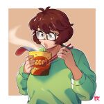  1girl artist_name bangs blowing brown_eyes brown_hair chopsticks cup cup_ramen dated english_commentary eyebrows_visible_through_hair glasses green_sweater highres holding holding_chopsticks holding_cup looking_down original short_hair snowcie snowciel solo sweater thick_lips 