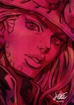  1boy absurdres artist_name beard commentary_request cowboy_hat facial_hair goggles goggles_on_headwear gyro_zeppeli hat high_collar highres jojo_no_kimyou_na_bouken kaib0y lips long_hair looking_at_viewer male_focus monochrome open_mouth parted_lips portrait red_theme signature solo steel_ball_run twitter_username 