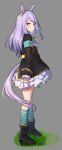  1girl animal_ears aqua_bow aqua_socks black_boots black_jacket blush boots bow bowtie closed_mouth coat ear_bow ear_ribbon frilled_coat frilled_jacket frills garugarubesu horse_ears horse_girl horse_tail jacket long_hair long_sleeves looking_at_viewer mejiro_mcqueen_(frontline_elegance)_(umamusume) mejiro_mcqueen_(umamusume) pleated_skirt purple_eyes purple_hair ribbon skirt socks solo tail umamusume white_skirt 