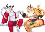  2boys abs animal_ears antlers bara bare_pecs beige_fur blush bulge character_request chest_hair christmas crossover drunk facial_hair fan fangs feet_out_of_frame fur-trimmed_jacket fur_trim furry goatee grey_fur hat highres jacket kalonezhno large_pectorals live_a_hero male_focus mature_male multiple_boys muscular muscular_male navel nipples official_alternate_costume open_clothes open_jacket orange_fur pelvic_curtain red_jacket reindeer_antlers ryekie_(drunk_tiger)_(live_a_hero) ryekie_(live_a_hero) santa_costume santa_hat short_hair spread_legs stomach thick_thighs thighs tiger_boy tiger_ears two-tone_fur world_flipper 