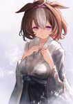  1girl absurdres ahoge animal_ears blue_hakama blush breasts brown_hair closed_mouth double-parted_bangs e_nnihql hair_between_eyes hairband hakama hakama_skirt highres horse_ears horse_girl japanese_clothes kimono large_breasts long_sleeves looking_at_viewer meisho_doto_(umamusume) multicolored_hair pink_hairband purple_eyes short_hair skirt two-tone_hair umamusume white_hair white_kimono wide_sleeves 