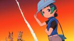  1boy 2girls ^_^ animal_ear_fluff animal_ears arm_up bag bare_shoulders belt black_hair black_shirt blonde_hair blue_eyes blue_shirt blue_vest bow bowtie brown_hair bucket_hat caracal_(kemono_friends) cat_girl cat_tail closed_eyes closed_mouth commentary_request crossed_arms ears_through_headwear elbow_gloves extra_ears gloves gradient_sky green_eyes green_hair hakasecretgash hand_on_headwear hand_up hat hat_feather high-waist_skirt highres kemono_friends kemono_friends_2 kyururu_(kemono_friends) looking_at_viewer low_ponytail multicolored_hair multiple_girls open_mouth orange_bow orange_bowtie orange_hair orange_sky outdoors ponytail print_bow print_bowtie print_gloves print_skirt purple_eyes serval_(kemono_friends) shirt short_hair short_ponytail short_sleeves shorts shoulder_bag skirt sky sleeveless sleeveless_shirt smile tail traditional_bowtie twitter_username two-tone_hair vest yellow_bow yellow_bowtie 