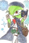  1girl bag bangs beret berry black_coat black_headwear bob_cut book brown_gloves buttons clothed_pokemon coat colored_skin commentary_request diamond_(shape) flat_chest gardevoir gen_3_pokemon gloves green_hair green_shorts green_skin hair_over_one_eye hands_up hat holding holding_book long_sleeves mage monocle muguet multicolored multicolored_skin open_book open_clothes open_coat open_mouth pocket pokemon pokemon_(creature) puffy_shorts reading red_eyes shirt short_hair short_shorts shorts shoulder_bag sideways_mouth solo sparkle star_(symbol) test_tube thigh_strap two-tone_skin walking white_background white_shirt white_skin wide_sleeves 