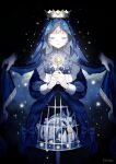  1girl 1other absurdres birdcage black_background blonde_hair blue_dress blue_theme bottle_cap cage closed_eyes crown crying dress eclipse highres hitoba key long_hair long_sleeves original own_hands_together simple_background sparkle star_(symbol) starry_sky_print veil 
