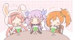  +++ 3girls :d :t animal_ears animal_hat blue_hairband blue_kimono blue_ribbon blush braid brown_eyes brown_sleeves capelet chair closed_eyes closed_mouth commentary_request detached_sleeves drinking_straw fake_animal_ears foam_mustache fur-trimmed_capelet fur_trim hair_ribbon hairband hat highres japanese_clothes kimono kyoka_(princess_connect!) little_lyrical long_hair long_sleeves low_twintails mimi_(princess_connect!) misogi_(princess_connect!) mitarashi_neko mittens multiple_girls notice_lines on_chair orange_hair pink_capelet pink_hair pout princess_connect! purple_hair rabbit_ears rabbit_hat red_mittens ribbon side_ponytail smile table twin_braids twintails very_long_hair wide_sleeves 
