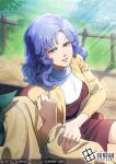  1boy 1girl arm_hug breasts commentary company_name copyright_logo copyright_name fluffy_hair green_eyes grin gundam gundam_card_game head_out_of_frame jacket kamille_bidan logo long_hair medium_breasts official_art purple_hair rosamia_badam shibuki_kamone sitting smile yellow_jacket zeta_gundam 