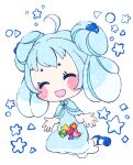  1girl ^_^ ahoge alcremie alcremie_(berry_sweet) alcremie_(mint_cream) bangs blue_bow blue_capelet blue_dress blue_footwear blue_hair blue_theme blush blush_stickers bow capelet circle closed_eyes clover commentary_request diamond_(shape) double_bun dress flower food four-leaf_clover fruit full_body gen_8_pokemon hair_bobbles hair_ornament hands_up happy heart muguet multicolored_hair open_mouth orange_flower personification pokemon shoes sidelocks sitting smile solo sparkle star_(symbol) strawberry streaked_hair tied_hair triangle wariza white_background white_hair 