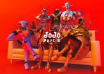  3d 6+others anchor_symbol arrow_(symbol) awaking_iii_leaves blender_(medium) born_this_way_(stand) california_king_bed commentary_request couch crossed_legs hat highres jojo_no_kimyou_na_bouken jojolion king_nothing military_hat multiple_others nut_king_call on_couch red_background sitting soft_&amp;_wet speed_king stand_(jojo) uu0000322 
