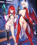  2girls :o ahoge artist_request ass bare_shoulders black_tail black_wings blue_eyes boots breasts callen_(evertale) check_artist claws clothing_cutout commentary_request cropped_jacket dragon_girl dragon_horns dragon_tail dragon_wings earrings elf energy_gun evertale full_body game_asset garter_straps groin gun hair_between_eyes heart_cutout holding holding_energy_gun holding_gun holding_weapon horns indoors jacket jewelry large_breasts long_hair looking_at_viewer medium_breasts multicolored_jacket multiple_girls navel official_art pink_eyes pink_jacket pointy_ears popqn red_hair red_tail red_wings revealing_clothes ruvi_(evertale) sideboob single_garter_strap single_thighhigh standing tail thigh_strap thighhighs train_station transparent_background two-tone_jacket underboob very_long_hair weapon white_boots white_garter_straps white_hair wings 