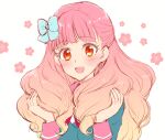  1girl :d aikatsu!_(series) aikatsu_friends! aqua_jacket bangs blazer blue_bow blunt_bangs blush bow cherry_blossoms drill_hair floral_background gradient_hair hair_bow hair_over_shoulder holding holding_hair jacket long_hair looking_at_viewer multicolored_hair open_mouth orange_eyes orange_hair pink_hair pink_sailor_collar sailor_collar sbs school_uniform simple_background sketch smile solo star_harmony_academy_uniform upper_body white_background yuuki_aine 