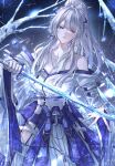  1girl absurdres bare_shoulders blue_hakama blue_ribbon breasts cleavage closed_mouth collarbone colored_eyelashes commentary_request fingernails hair_ribbon hakama hakama_skirt highres hiyuki_(wuthering_waves) holding holding_sword holding_weapon japanese_clothes jewelry katana kimono long_fingernails long_hair looking_at_viewer medium_breasts mole mole_under_eye necklace off_shoulder ponytail red_eyes revision ribbon simple_background skirt solo sword tacet_mark_(wuthering_waves) weapon white_background white_eyelashes white_hair white_kimono wuthering_waves yoru_shiki 