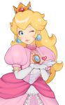 1girl blonde_hair blue_eyes crown dress earrings elbow_gloves gloves hands_together heart highres jewelry jivke long_hair looking_at_viewer mario_(series) one_eye_closed petticoat pink_dress princess_peach super_mario_bros. super_smash_bros. white_background white_gloves 