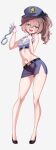  1girl absurdres alternate_costume ass_visible_through_thighs black_choker black_shoes blue_hat blue_shirt blue_skirt blush breasts brown_hair choker commentary crop_top cuffs full_body gloves hair_between_eyes handcuffs hands_up hat highres holding holding_handcuffs hololive hyeonin_gentora japan_national_police looking_at_viewer miniskirt natsuiro_matsuri navel open_mouth police police_hat police_uniform policewoman shirt shoes side_ponytail simple_background skirt sleeveless sleeveless_shirt small_breasts smile solo standing virtual_youtuber white_background white_gloves 