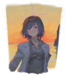  1girl absurdres armband black_hair black_vest blue_archive border chinese_commentary collared_shirt commentary_request cropped_torso grey_jacket grin halo highres irregular_border jacket looking_at_viewer loose_necktie necktie open_collar outside_border painterly purple_armband purple_eyes purple_hair purple_halo purple_necktie purple_shirt shirt short_hair smile solo subaru_(blue_archive) vest white_border ziid_(ziid69) 
