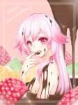  1girl chocolate commentary_request food fruit fu_hua fu_hua_(phoenix) happy_valentine highres honkai_(series) honkai_impact_3rd kiwi_(fruit) long_hair looking_at_viewer mon_momu nude orange_(fruit) orange_slice pink_background pink_hair red_eyes solo strawberry 