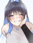  1girl 1other ;) absurdres bare_shoulders black_hair blue_eyes blue_hair blush breasts colored_inner_hair commentary english_commentary fang grin hand_on_another's_cheek hand_on_another's_face highres hololive hololive_english large_breasts long_hair looking_at_viewer multicolored_hair nurizza_ilst one_eye_closed ouro_kronii pov pov_hands simple_background skin_fang smile solo_focus two-tone_hair upper_body virtual_youtuber white_background 
