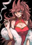  1girl alternate_costume alternate_hairstyle animification black_background breasts brown_hair china_dress chinese_clothes chinese_commentary cleavage cleavage_cutout clothing_cutout commentary_request dress earrings eddsworld fur_shawl hair_ears high_ponytail highres holding holding_smoking_pipe jewelry kuangzihaixing long_hair medium_breasts ponytail red_dress red_eyes shawl side_slit simple_background smoke smoking smoking_pipe solo tori_(eddsworld) upper_body very_long_hair 