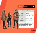  3girls artist_name back backpack bag belt boots brown_eyes brown_hair character_name character_profile deviantart_logo deviantart_username dugtrio english_text gloves hand_on_own_hip hands_in_pockets hard_hat harness headlamp height helmet highres jacket knee_pads miner mining_helmet multiple_girls open_clothes open_jacket orange_background personification pickaxe pokemon rope smile taruyamame venus_symbol watermark weight 