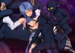  1girl 3boys aqua_(kingdom_hearts) bike_shorts black_legwear blue_hair blush breast_grab breasts closed_eyes detached_sleeves fingerless_gloves fukuro_ooji gloves grabbing groping heartless kingdom_hearts medium_breasts motion_blur multiple_boys nipples open_mouth rape shadow_(kingdom_hearts) short_hair spread_legs thighhighs 