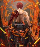  1boy bare_back blurry depth_of_field emiya_shirou facing_away fate/grand_order fate_(series) fire from_behind holding holding_weapon igote kdm_(ke_dama) limited/zero_over male_focus pants red_hair sengo_muramasa_(fate) shirtless solo standing sword toned toned_male weapon wristband 